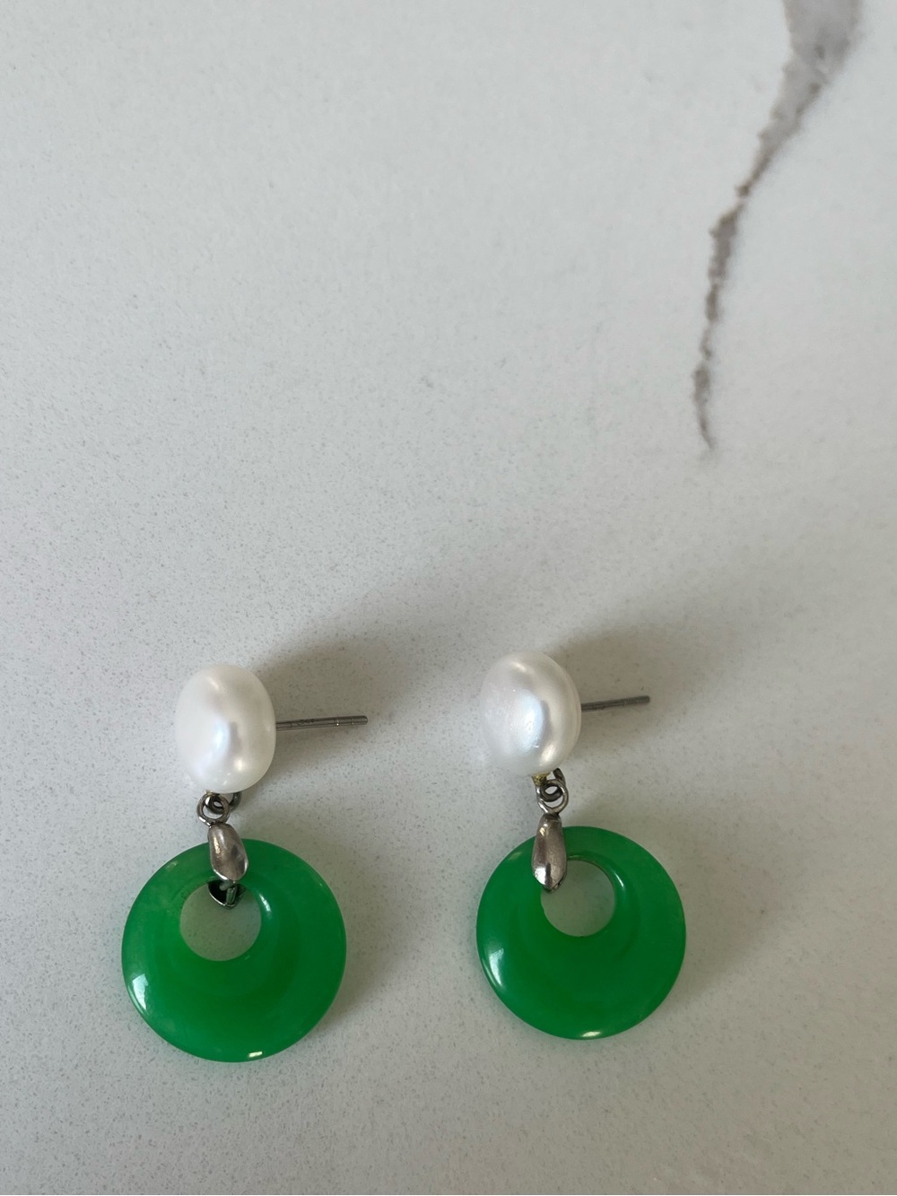 Genuine Pearl and Green Jade Drop Earrings